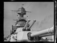 Close-up view of the guns aboard a U.S. Navy battleship