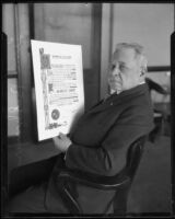 L. E. Behymer, impresario, holds a document about the Los Angeles production of the play, "The Miracle," Los Angeles, 1934