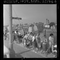 Mothers and children picketing underpass pedestrian tunnels at City Terrace Dr. and San Bernardino Freeway in Los Angeles, Calif., 1963