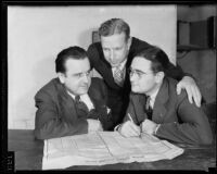 John J. Beck, Edward S. Shattuck and A. Ronald Button study an election ballot, Los Angeles, 1934