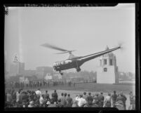 Los Angeles Airways helicopter landing on the roof of Los Angeles Post Office Terminal Annex, first helicopter air-mail, 1947