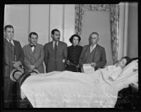 Shooting victim Golda Draper visited by Judge Chambers and others, Los Angeles, 1935