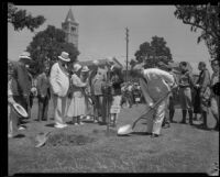 Governor James Rolph plants tree at Olympic Park dedication ceremony, Los Angeles, 1932