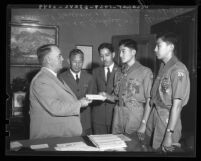 Los Angeles Mayor Frank Shaw with Japanese American Boy Scouts, 1936