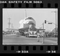 Space Shuttle Challenger being towed along street in Lancaster, Calif., 1982