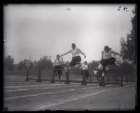 Five UCLA women athletes in run hurdles, Los Angeles, circa 1920