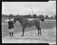 Mrs. C. L. Runyon stands with a horse, Los Angeles, 1935