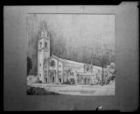 Architectural drawing of the Wilshire Boulevard Congregational Church with the Gunsaulus Hall addition, circa 1925