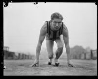 Charley Paddock about to run, Los Angeles, 1920-1929