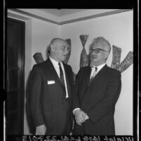 Samuel A. Fryer and Abraham Joshua Heschel of University of Judaism chatting in Los Angeles, Calif., 1964