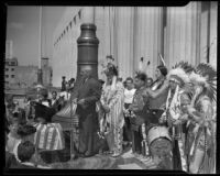 Fred Meyer leads Flag Day program at “Old Glory Braves” ceremonial, Los Angeles, 1939