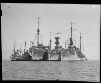 Five US Navy ships anchored side-by-side, San Pedro Bay, 1933