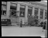 Bank of America building being re-glazed after the Long Beach earthquake, Southern California, 1933