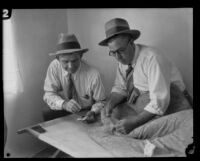 Police investigate bedding while searching for evidence at a ranch visited by Gordon Northcott, Santa Clarita, circa 1928