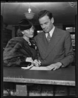 Sally Blane and Norman Foster apply for a marriage license, Los Angeles, 1935