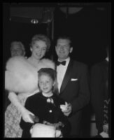 Deborah Kerr, Tony Bartley, and daughter Melanie Jane Bartley, Grauman's Chinese Theater, Los Angeles, 1957