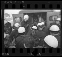 Police putting protesters into a patrol wagon at Century Plaza during a demonstration, 1967