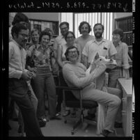 Caltech chemistry professor, Dr. Harry B. Gray in horse costume surrounded by his students in Pasadena, Calif., 1972