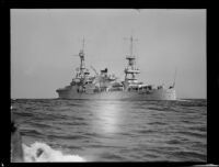 Sailors line the deck on the USS Chicago, a US Navy heavy cruiser, Southern California, 1931-1939