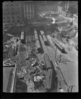 Bird's-eye view of a contruction project to expand the Pacific Electric Railroad, Los Angeles, 1925