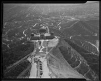 Griffith Observatory near completion, bird's-eye view facing south, Los Angeles, 1935