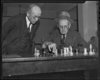 J. L. Larson and Edwin Hildreth play chess in the game room of the Los Angeles Chess and Checkers Club, Los Angeles, 1936