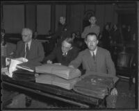 L. H. Lashbrook, Winthrop O. Gordon, and Clyde Shoemaker at Buron Fitts perjury trial, Los Angeles, 1936