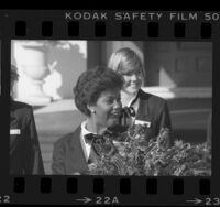 First Black Queen, Kristina Kaye Smith reacting after being chosen as the 1984 Rose Queen in Pasadena, Calif