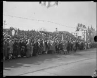 Spectators in grandstand seating at the Tournament of Roses Parade, Pasadena, 1933