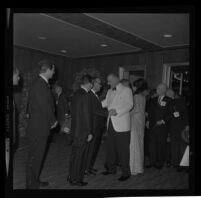 President Johnson greeted by Edmund Brown at Century Plaza with Lynda Bird as his guest. B. 1967