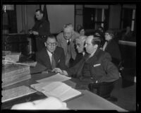 Buron Fitts, William E. Simpson, Joe Scott, and Jerry Giesler at perjury trial, Los Angeles, 1936