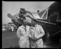 Aviators George Haldeman and Shirley Short at Mines Field after their transcontinental race, Los Angeles, 1928