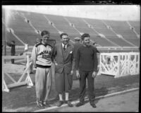 Dr. Paul Martin, Charley Paddock, and Frank Wykoff at the Colisuem, Los Angeles, 1930