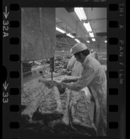 Meat cutters in meat packing plant in Los Angeles, Calif., 1972