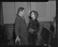 Actress Madge Bellamy and Attorney Jack Irwin at court, Los Angeles, 1935