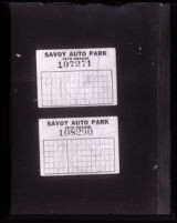 Picture of two parking tags used as evidence in the David H. Clark murder trial, Los Angeles, 1931