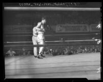 Boxer Enrique Bolanos standing beside John Thomas who lies flat on the canvas after knockout in Los Angeles, Calif., 1947