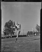 Eric Tipton of the Duke Blue Devils demonstrates a kick, Pasadena, 1938