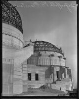 Griffith Observatory, exterior view of the west and central domes during construction, Los Angeles, circa 1934-1935