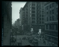 Cityscape of pedestrians, car traffic and buildings on fifth street, Los Angeles, circa 1920