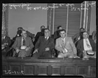 Sen. Sanborn Young, Sen. Henry McGuinness, Sen. Ben Hulse, and Sgt. Joe Nolan at liquor control hearing, Los Angeles, 1935