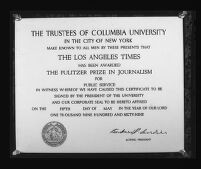 Pulitzer Prize certificate awarded to the Los Angeles Times for its series of articles exposing corruption in city government, 1969