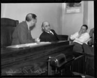 Dr. Alfred Dinsley, witness in Mary Emma James murder case, on witness stand, Los Angeles, 1935