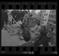 Sit-in in front of Century Plaza Hotel where President Johnson is speaking inside. 1967