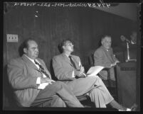 Edward Arnold, Ronald Reagan, and Pat Somerset, officers of Screen Actors Guild during talks about film strike, Calif., 1947