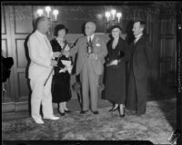 California governor James Rolph receiving Costa Rican hardwood gifts from Lieutentant Lee Edgar Beakley, 1932