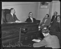 Carroll Johnson takes the witness stand in police shooting case, Los Angeles, 1935