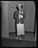 Woman models blazer over a dress at the Times' fashion show, Los Angeles, 1935