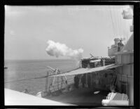 Salute gun firing during U.S. Navy transfer of command ceremony, Los Angeles Harbor, 1931