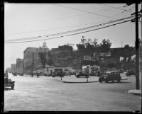Broadway Tunnel, Fort Moore Hill and the Hall of Justice seen from Spring Street, Los Angeles, 1925-1939